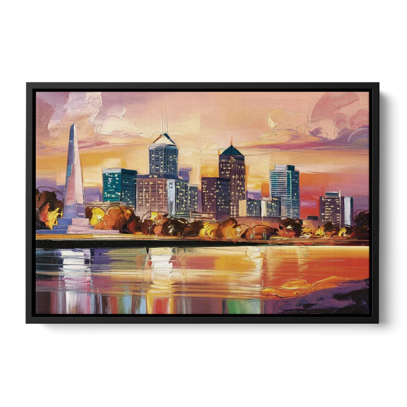 Indianapolis Skyline At Sunset Front - Black Canvas Wall Art