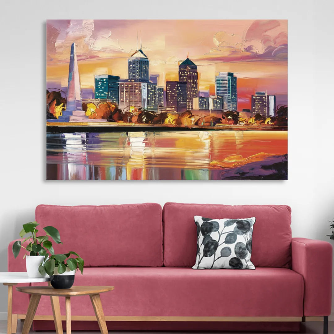 Indianapolis Skyline At Sunset Living Room - Canvas Wall Art