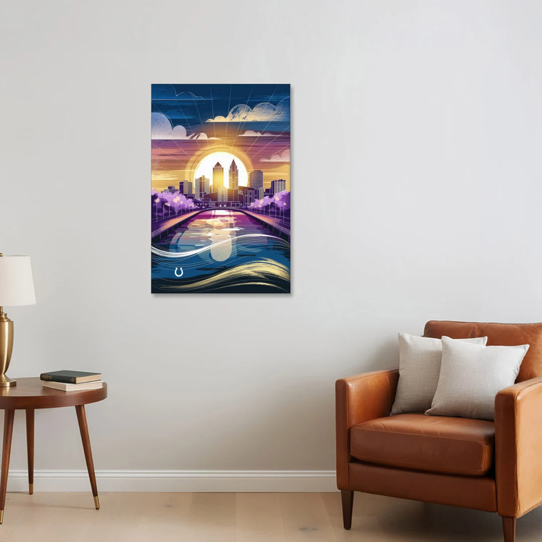 Indianapolis Skyline with Colts Theme - Canvas Wall Art - Sofa - 24x36
