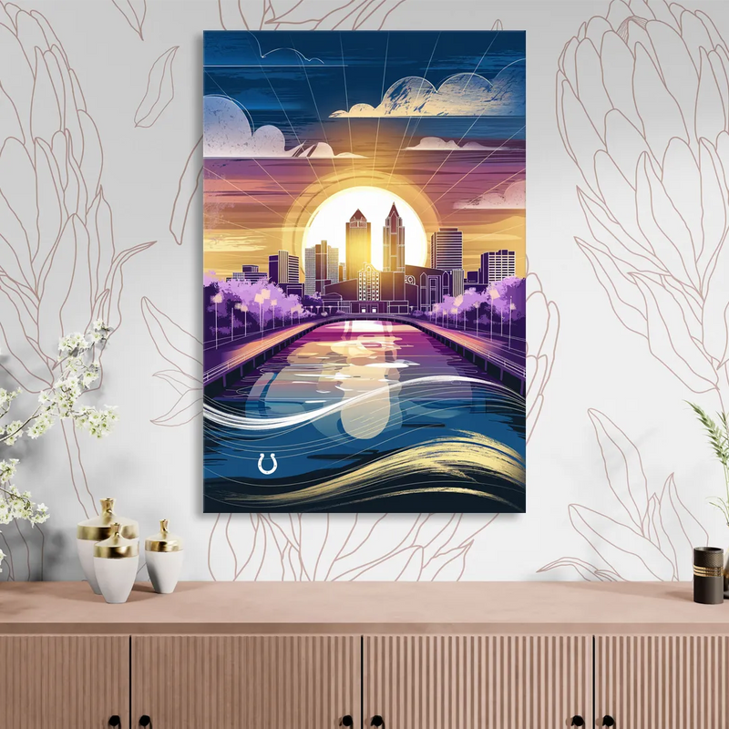 Indianapolis Skyline with Colts Theme Sitting Room - Canvas Wall Art