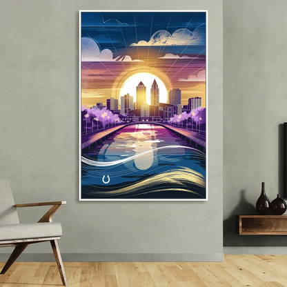 Indianapolis Skyline with Colts Theme Sitting Room - White Canvas Wall Art