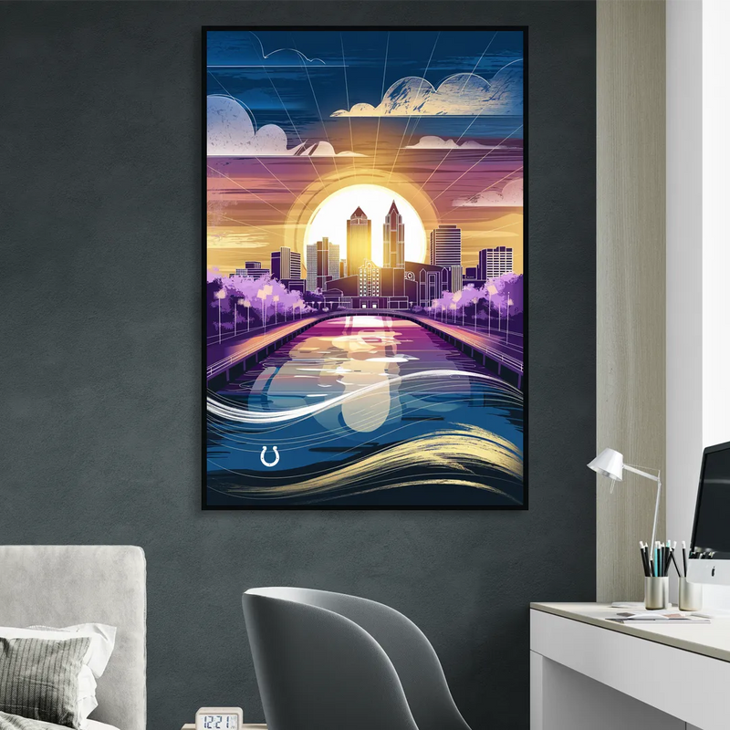 Indianapolis Skyline with Colts Theme Sitting Room - Black Canvas Wall Art