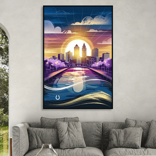 Indianapolis Skyline with Colts Theme Living Room - Black Canvas Wall Art
