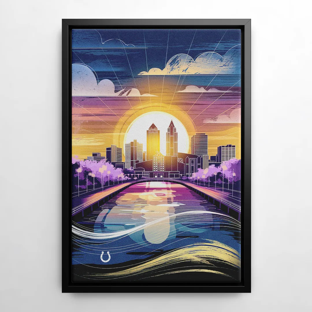 Indianapolis Skyline with Colts Theme - Black Frame Canvas