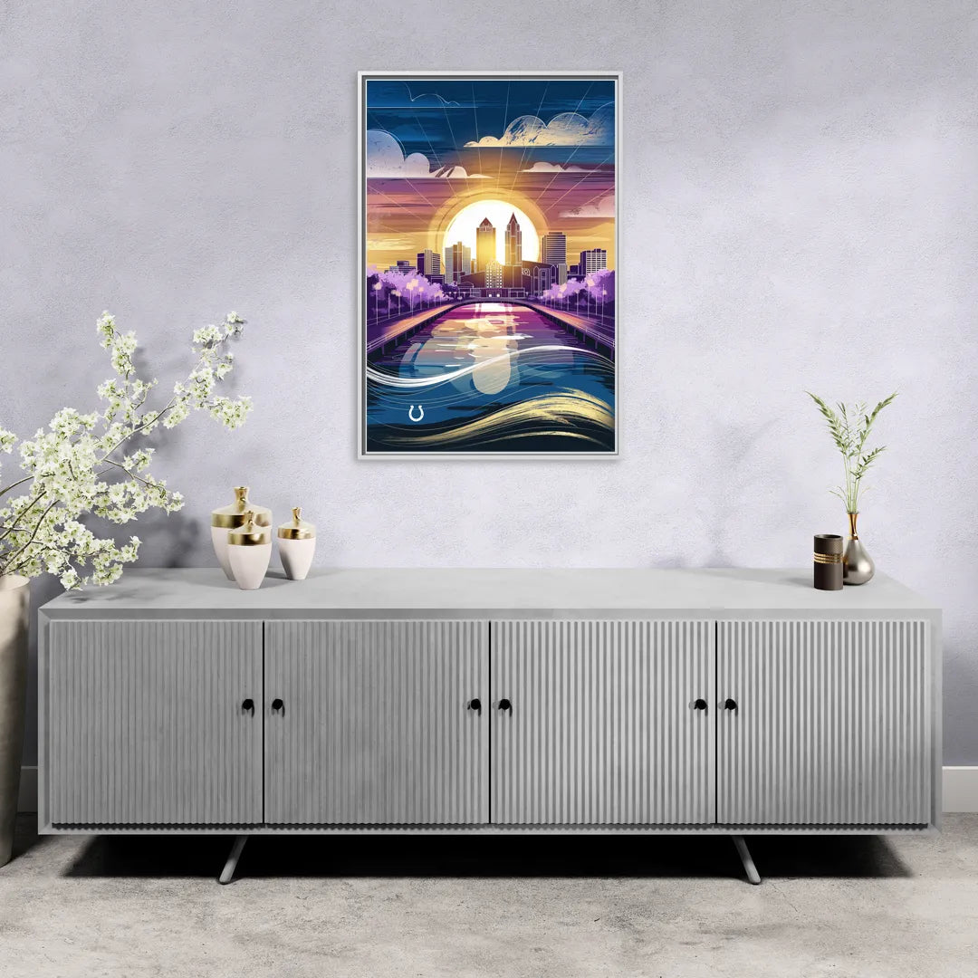 Indianapolis Skyline with Colts Theme - Living Room White Frame Canvas