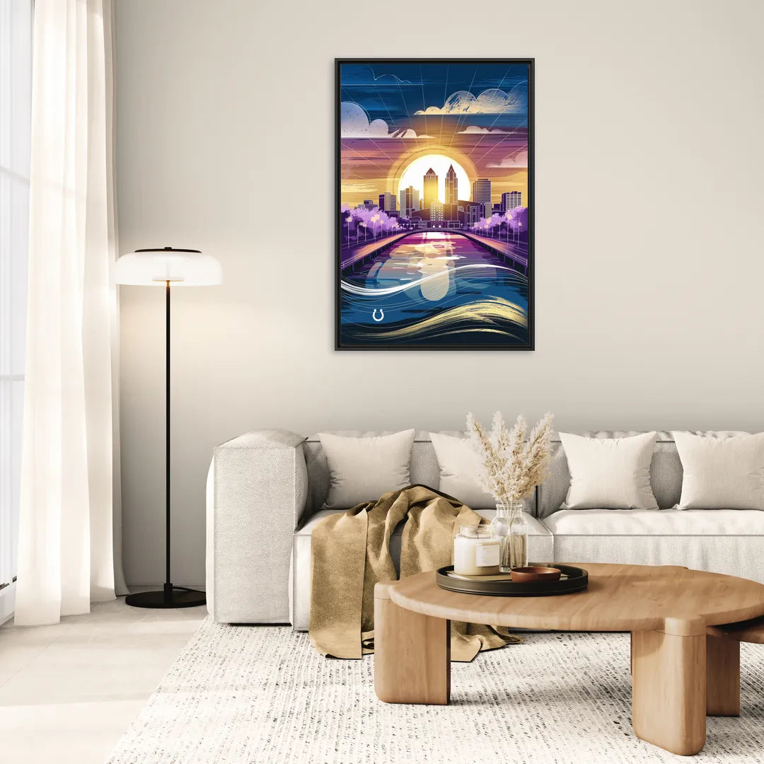Indianapolis Skyline with Colts Theme - Living Room Black Frame Canvas