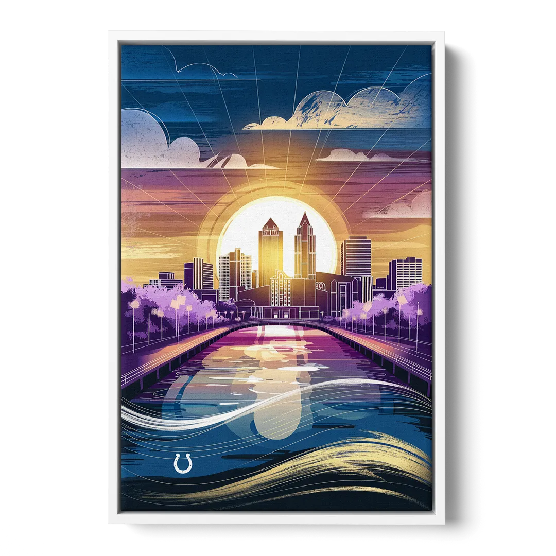 Indianapolis Skyline with Colts Theme Front - White Canvas Wall Art