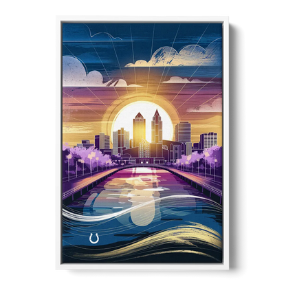 Indianapolis Skyline with Colts Theme Front - White Canvas Wall Art