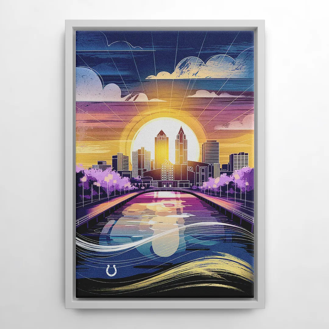 Indianapolis Skyline with Colts Theme - White Frame Canvas