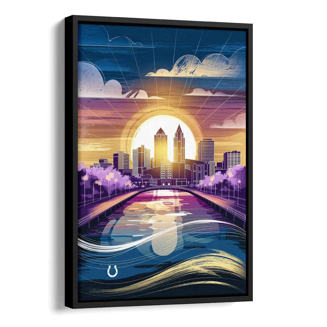 Indianapolis Skyline with Colts Theme Side - Black Canvas Wall Art