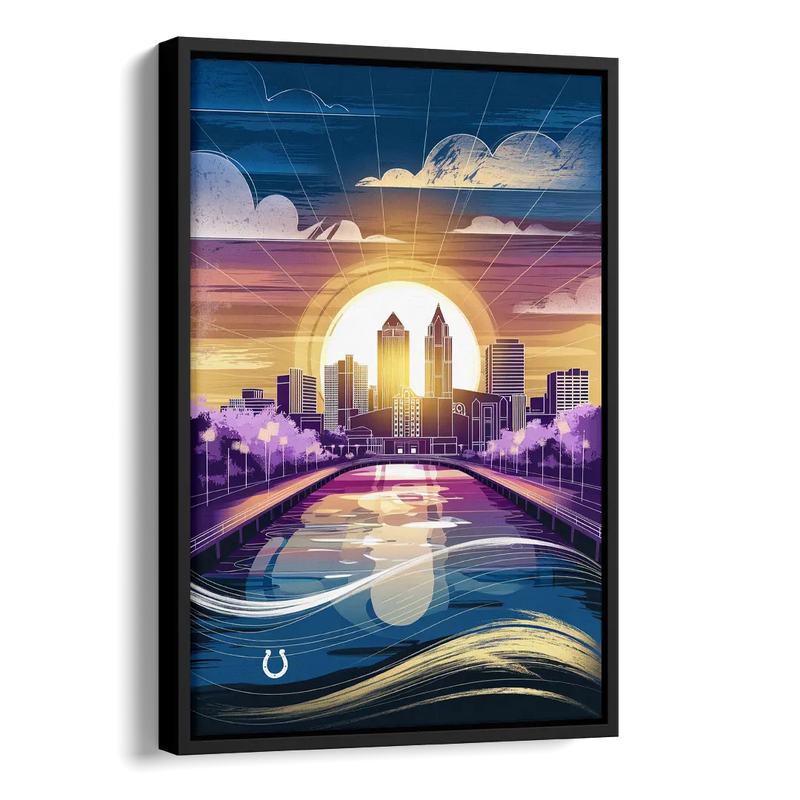 Indianapolis Skyline with Colts Theme Side - Black Canvas Wall Art