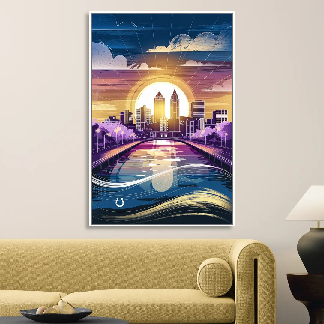 Indianapolis Skyline with Colts Theme Living Room - White Canvas Wall Art