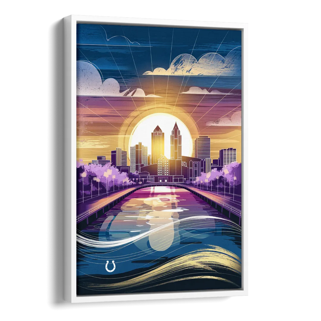 Indianapolis Skyline with Colts Theme Side - White Canvas Wall Art