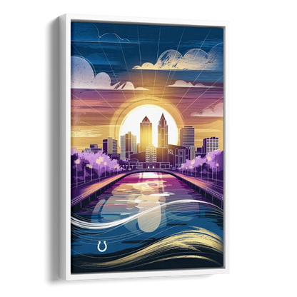 Indianapolis Skyline with Colts Theme Side - White Canvas Wall Art