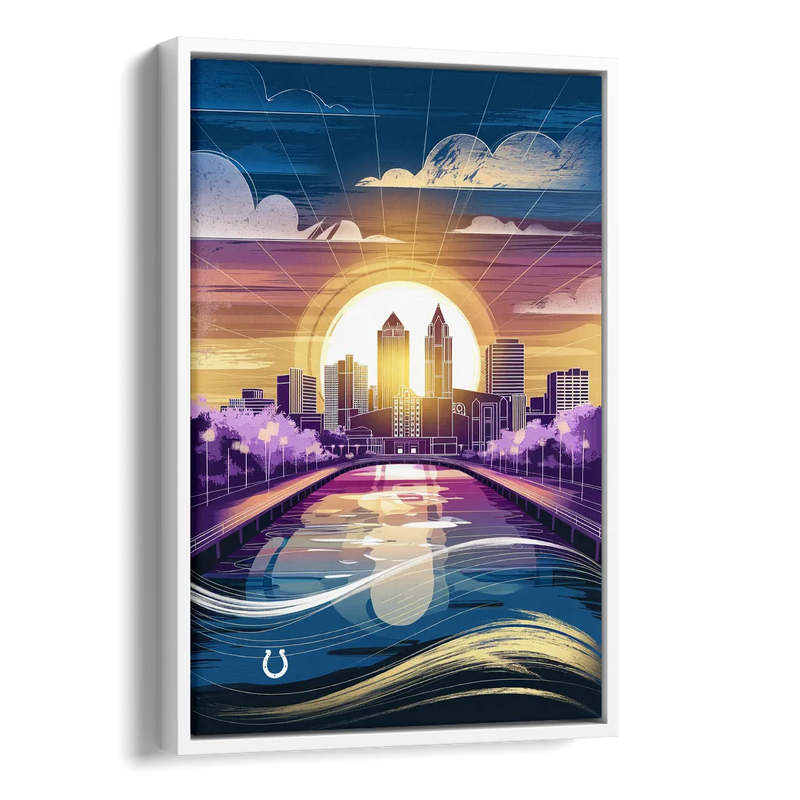 Indianapolis Skyline with Colts Theme Side - White Canvas Wall Art