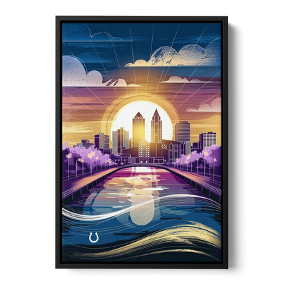 Indianapolis Skyline with Colts Theme Front - Black Canvas Wall Art