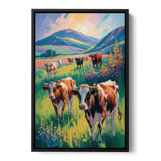 Inspirational Cow and Mountain - Black Framed Canvas Wall Art - Front