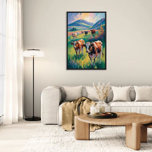 Inspirational Cow and Mountain - Living Room Black Frame Canvas
