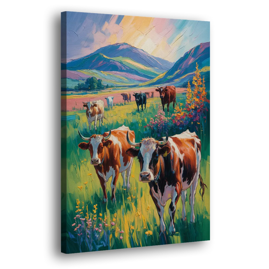 Inspirational Cow and Mountain Side - Canvas Wall Art