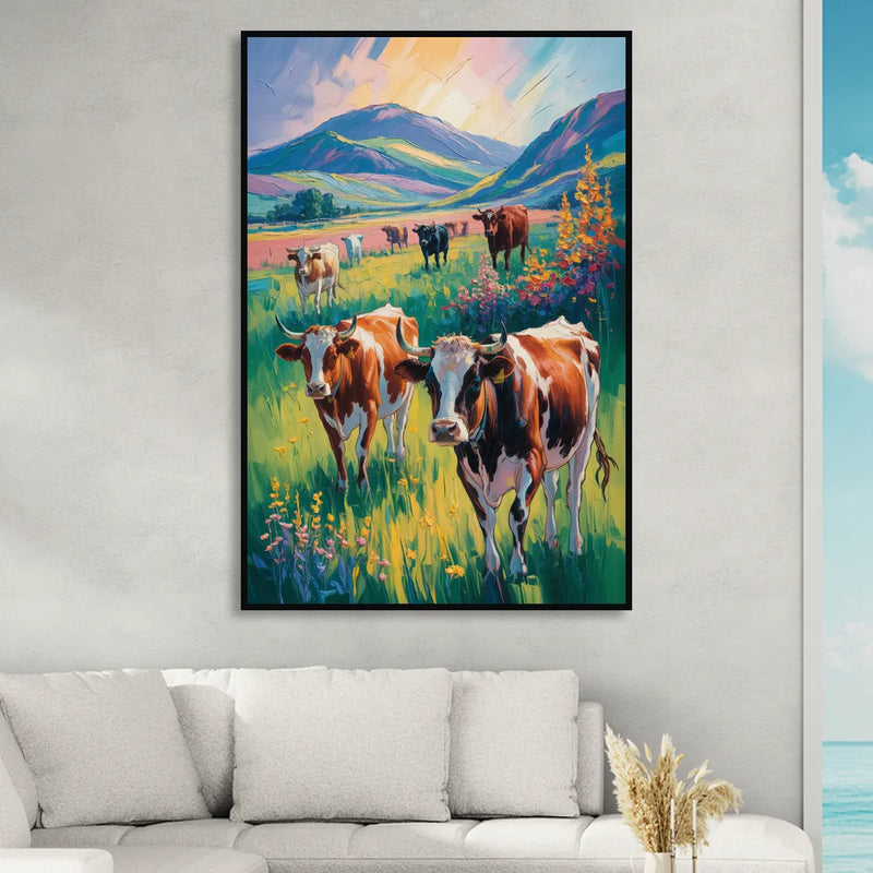 Inspirational Cow and Mountain Sitting Room - Black Canvas Wall Art