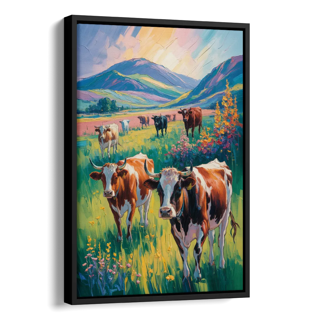 Inspirational Cow and Mountain Side - Black Canvas Wall Art