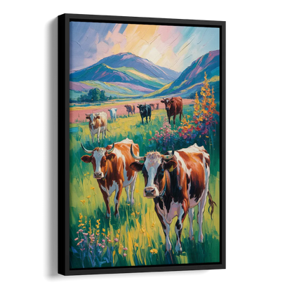 Inspirational Cow and Mountain Side - Black Canvas Wall Art