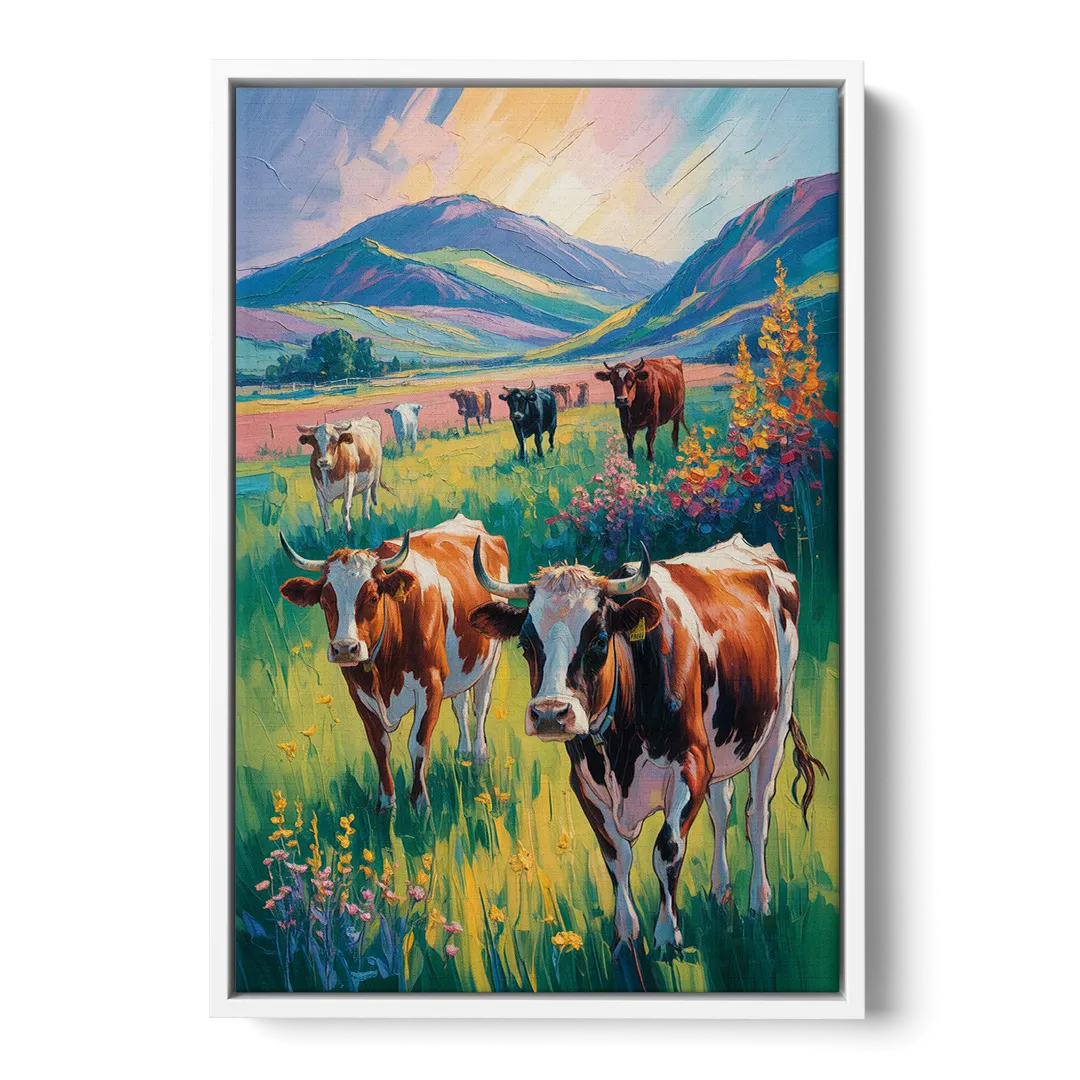 Inspirational Cow and Mountain Front - White Canvas Wall Art