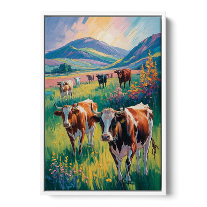 Inspirational Cow and Mountain Front - White Canvas Wall Art