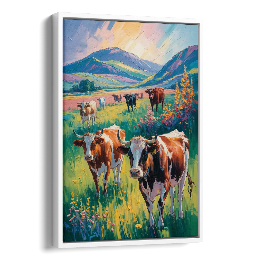 Inspirational Cow and Mountain Side - White Canvas Wall Art