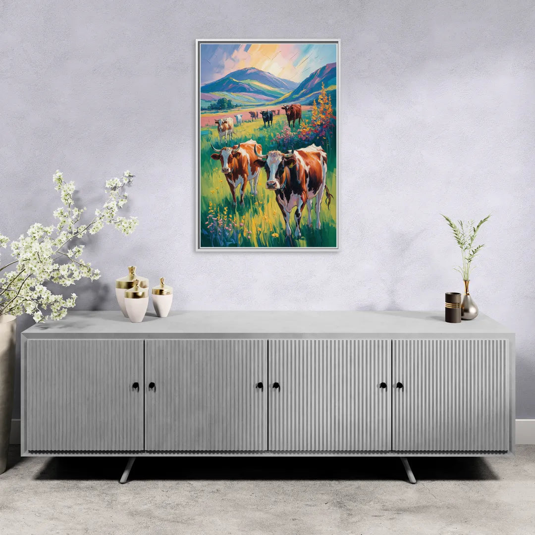 Inspirational Cow and Mountain - Living Room White Frame Canvas