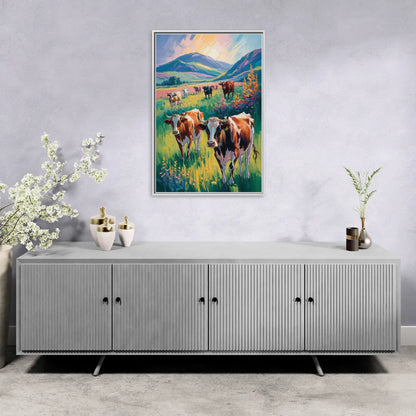 Inspirational Cow and Mountain - Living Room White Frame Canvas