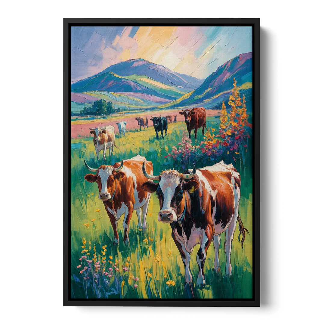 Inspirational Cow and Mountain - Black Frame Canvas
