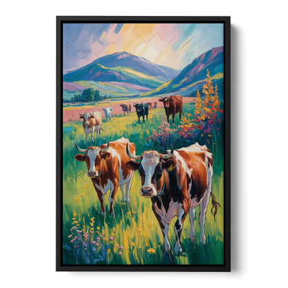 Inspirational Cow and Mountain - Black Frame Canvas