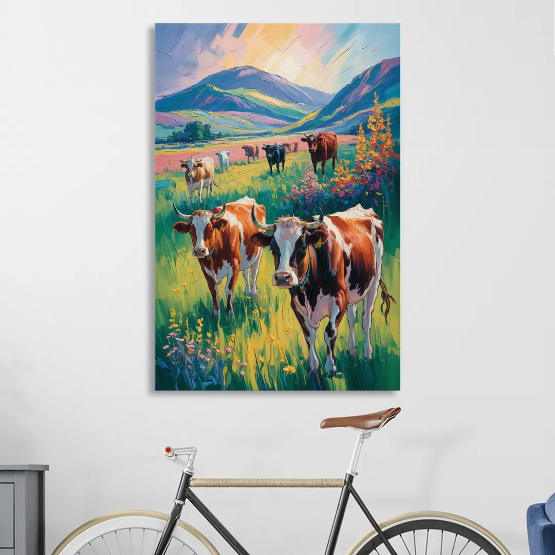 Inspirational Cow and Mountain Sitting Room - Canvas Wall Art