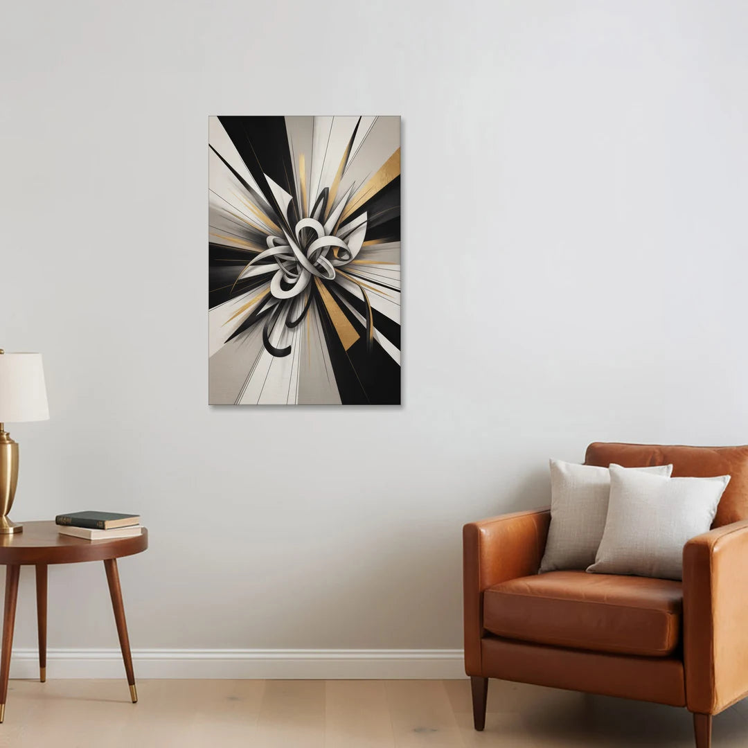 Intertwined Elegance Black White and Gold Abstract - Canvas Wall Art - Sofa - 24x36