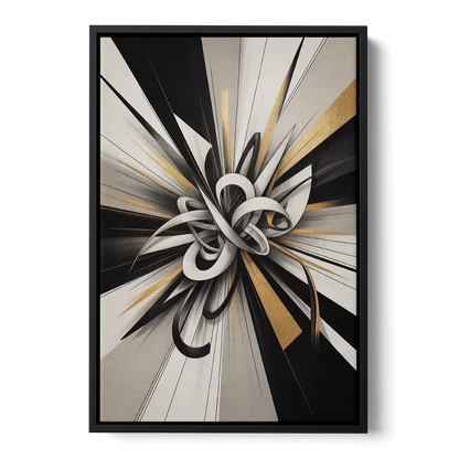 Intertwined Elegance Black White and Gold Abstract - Black Frame Canvas