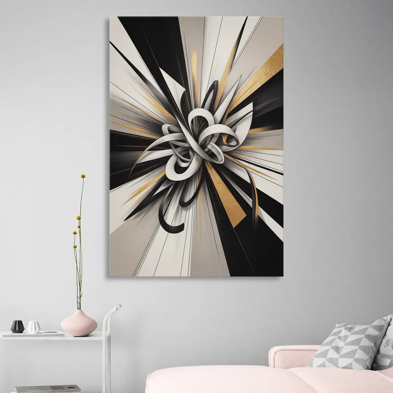 Intertwined Elegance Black White and Gold Abstract Sitting Room - Canvas Wall Art