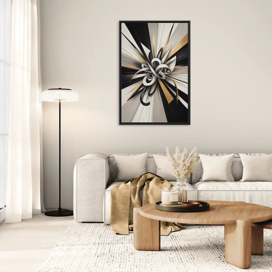 Intertwined Elegance Black White and Gold Abstract - Living Room Black Frame Canvas