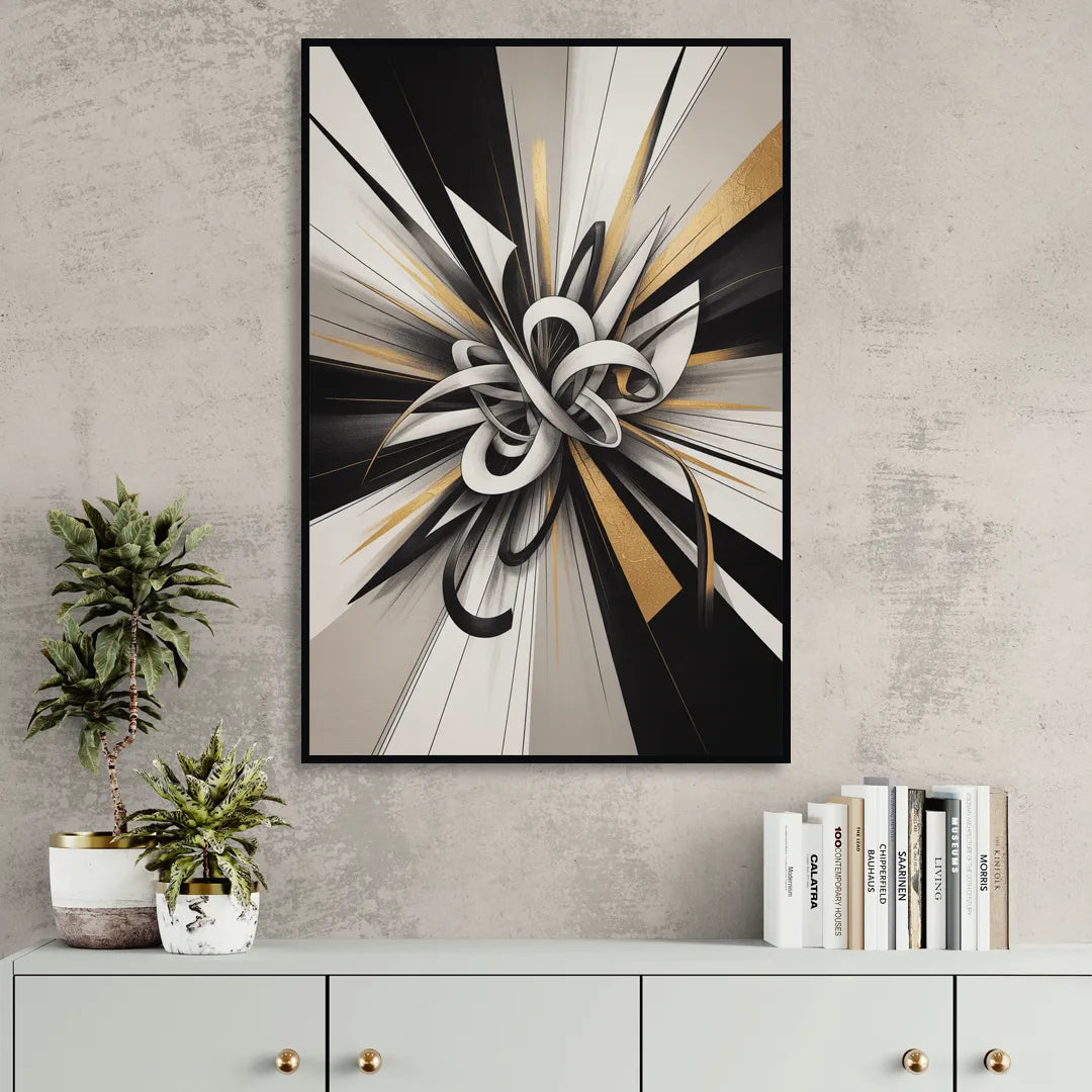 Intertwined Elegance Black White and Gold Abstract Living Room - Black Canvas Wall Art