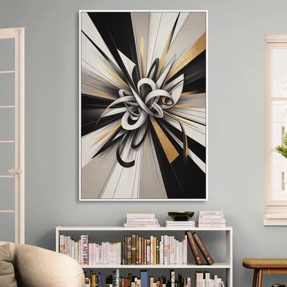 Intertwined Elegance Black White and Gold Abstract Living Room - White Canvas Wall Art