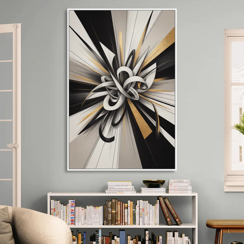Intertwined Elegance Black White and Gold Abstract Living Room - White Canvas Wall Art