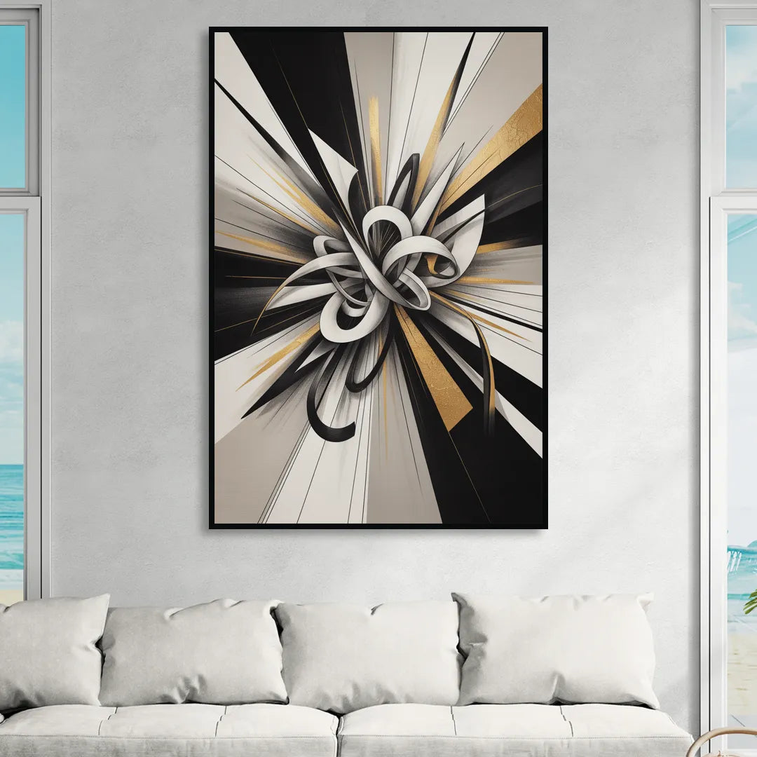 Intertwined Elegance Black White and Gold Abstract Sitting Room - Black Canvas Wall Art
