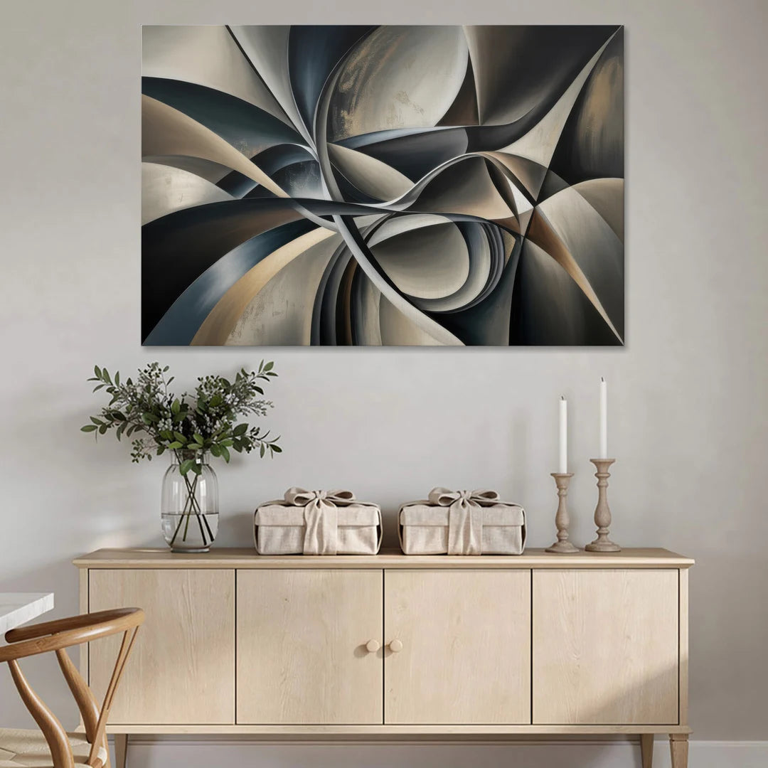 Intertwined Elegance Black and Grey Abstract - Canvas Wall Art - Coffee Table - 60x40