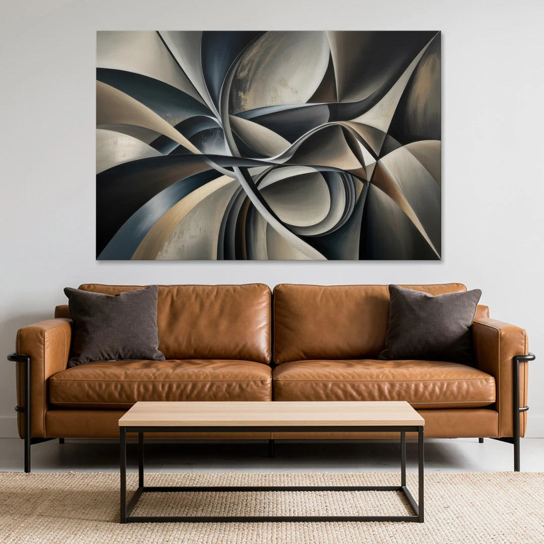 Intertwined Elegance Black and Grey Abstract - Canvas Wall Art - Sofa - 60x40
