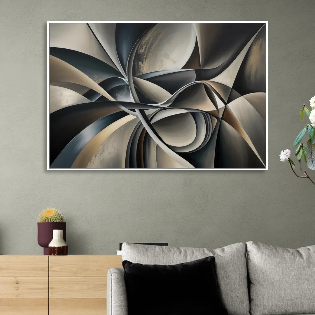 Intertwined Elegance Black and Grey Abstract Sitting Room - White Canvas Wall Art