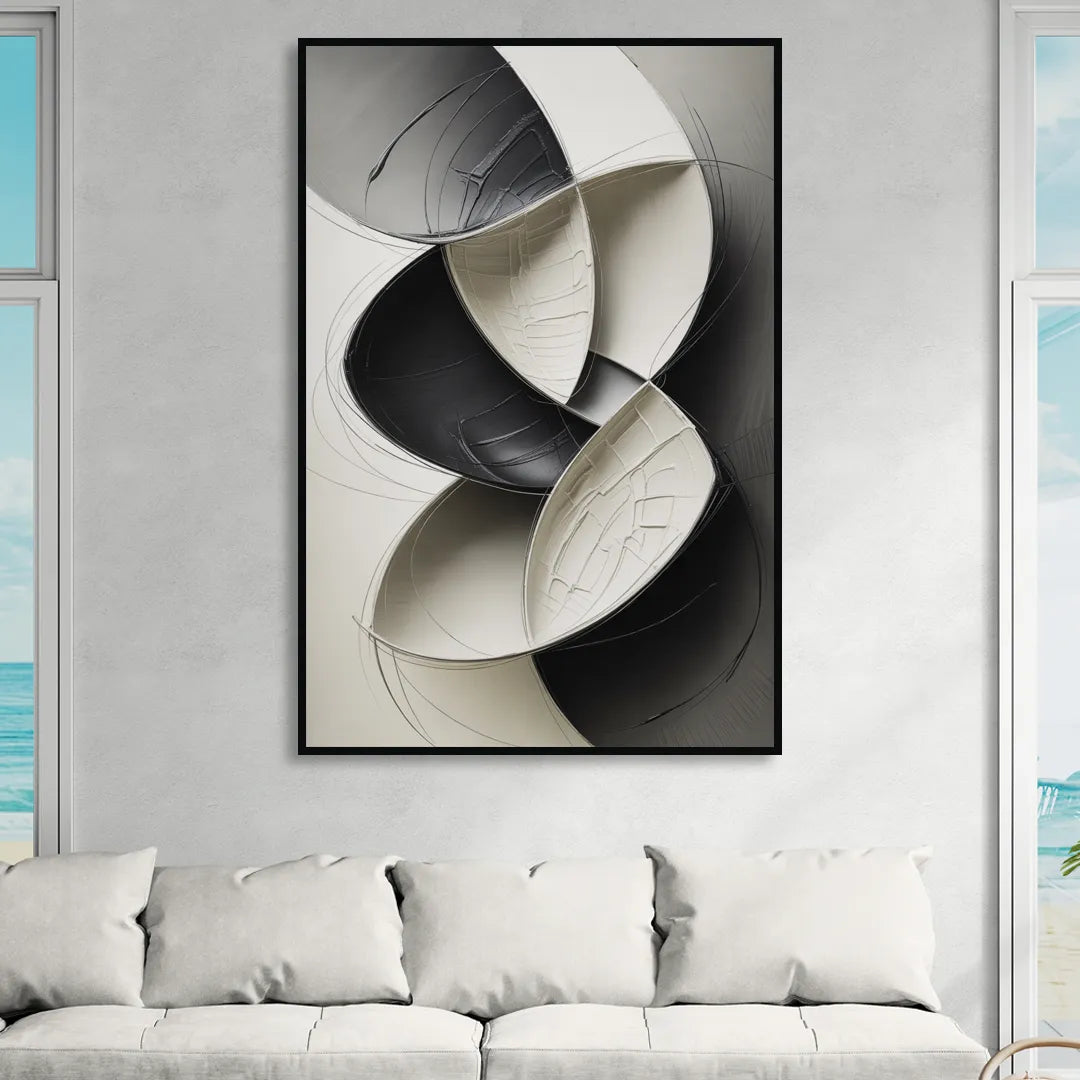 Intertwined Geometric Sophistication Black and White Abstract Living Room - Black Canvas Wall Art