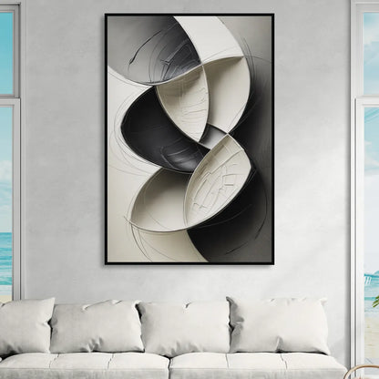 Intertwined Geometric Sophistication Black and White Abstract Living Room - Black Canvas Wall Art