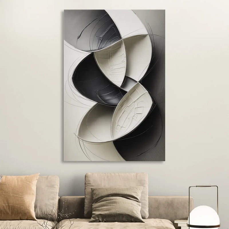 Intertwined Geometric Sophistication Black and White Abstract Sitting Room - Canvas Wall Art