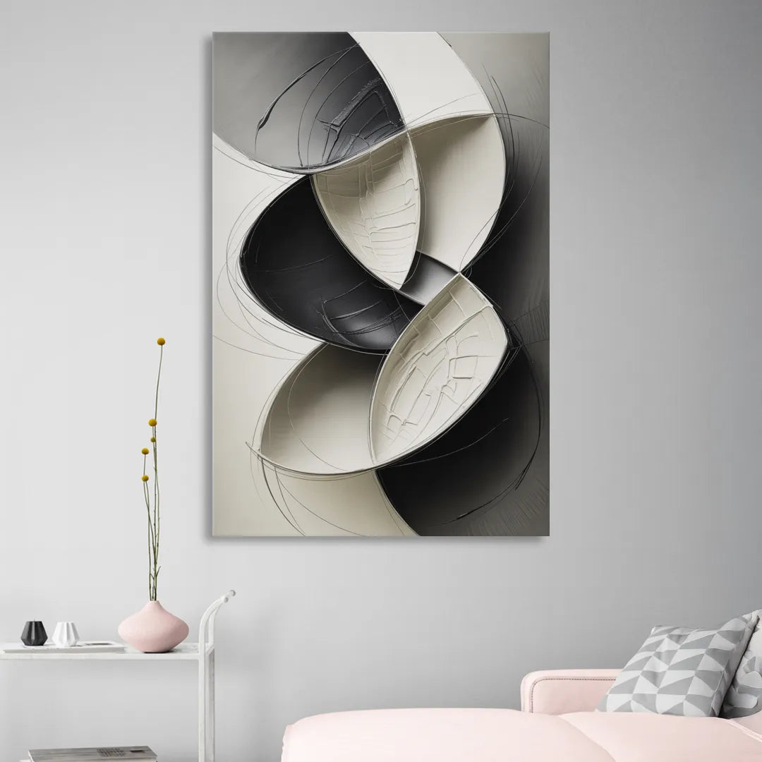 Intertwined Geometric Sophistication Black and White Abstract Living Room - Canvas Wall Art