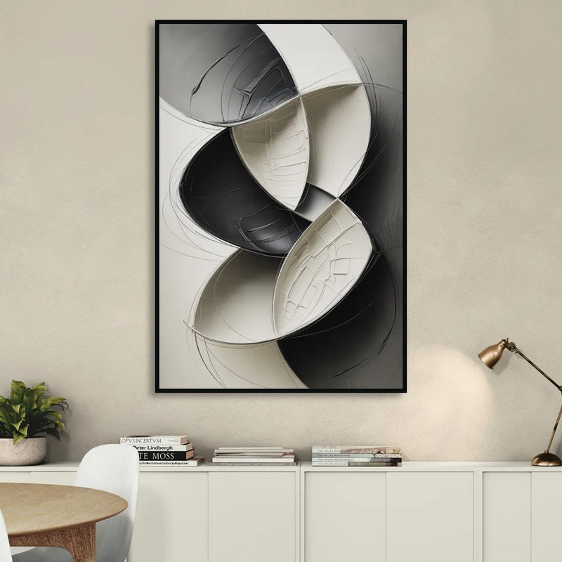 Intertwined Geometric Sophistication Black and White Abstract Sitting Room - Black Canvas Wall Art